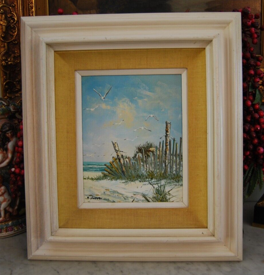 VINTAGE FRAMED ORIGINAL OIL STORM FENCE & SEAGULLS BEACH SCENE ARTIST: R THROWER