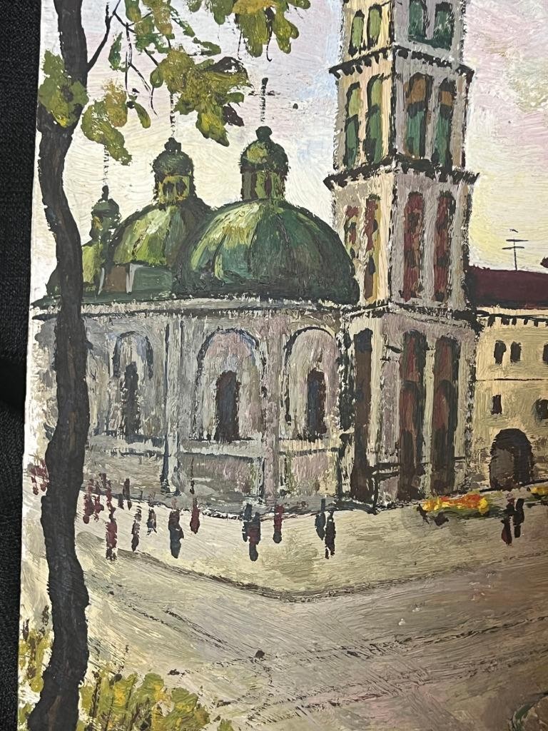 Old Lviv, Ukraine Art Cityscape Landscape Dormition Church Oil Painting Signed