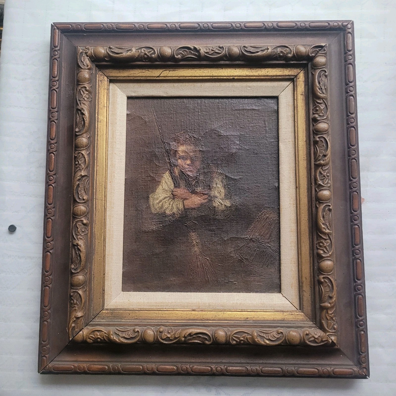 Vtg Ornate Carved Wood Picture Frame Reproduction Oil Painting Girl With A Broom