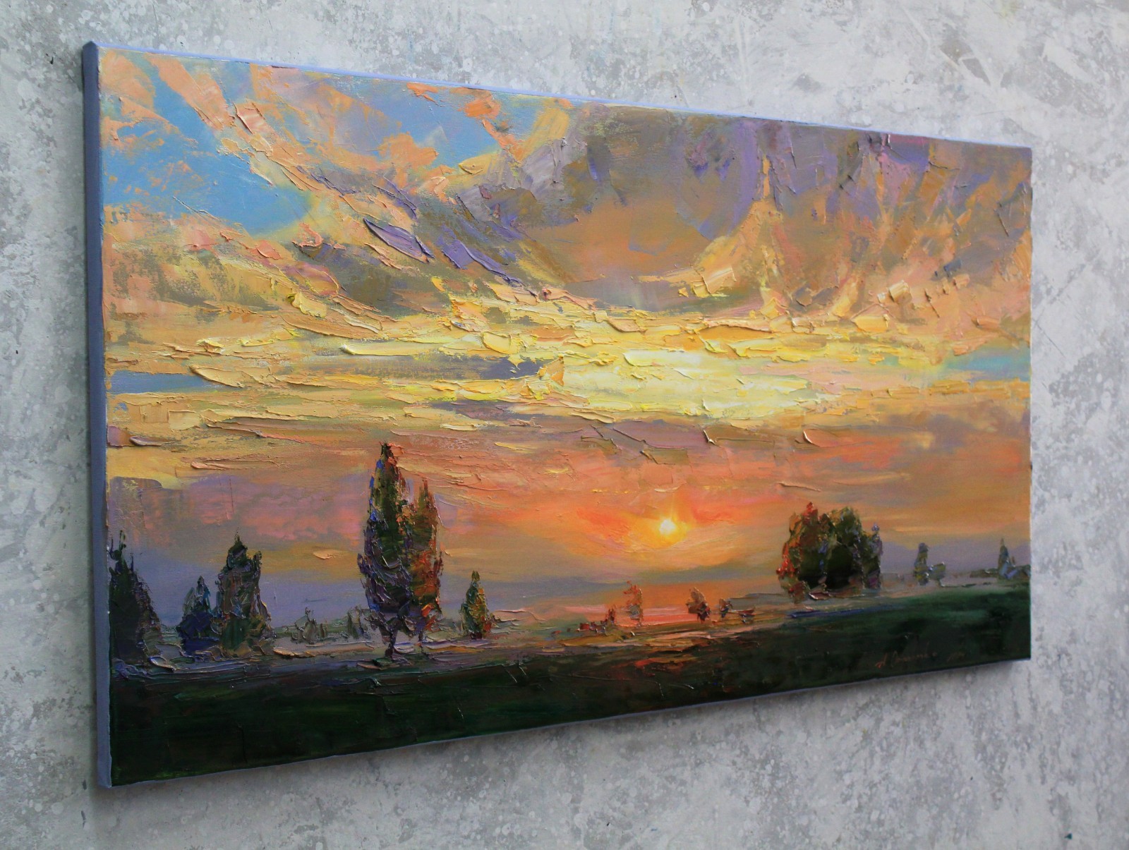 Sunset landscape IMPRESSIONISM original artwork Oil on canvas by A Onipchenko