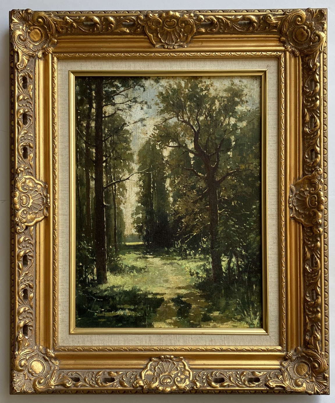 Vintage Sunlit Forest Woods Tree Pathway Polish Impressionist Landscape Painting