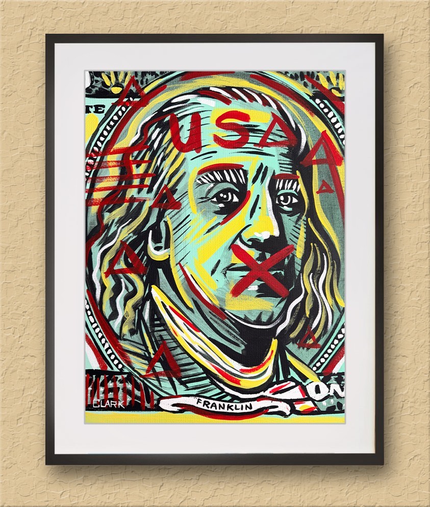 Striking Neo-Expressionism Ben Franklin Painting – 16×12″ Stretched Canvas