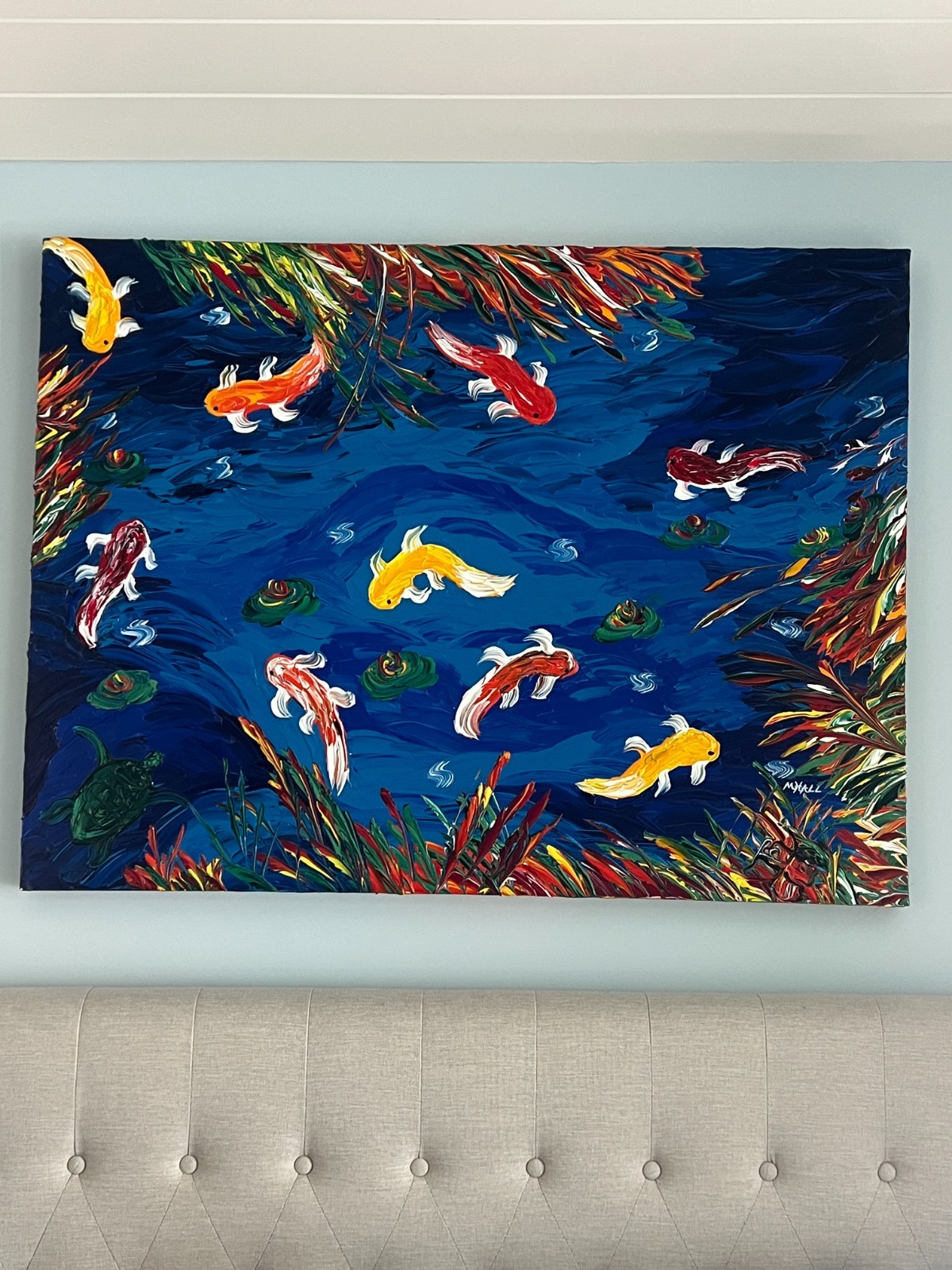 Vibrant original abstract by Michael Hall 36″x48″ Koi fish
