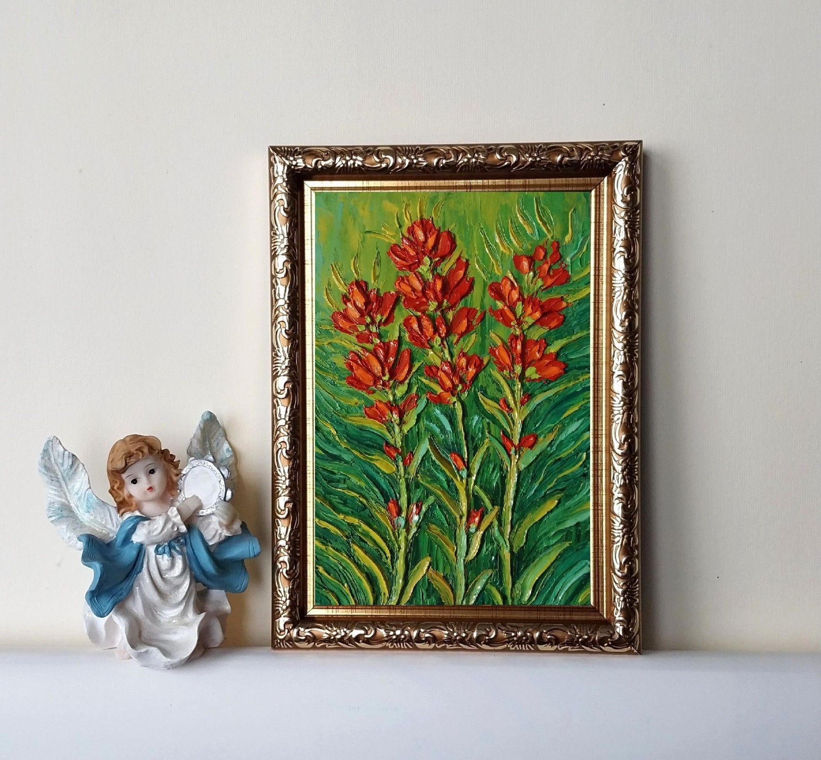 Framed Indian Paintbrush Flower American Wildflowers 4×6″ Oil Painting Original