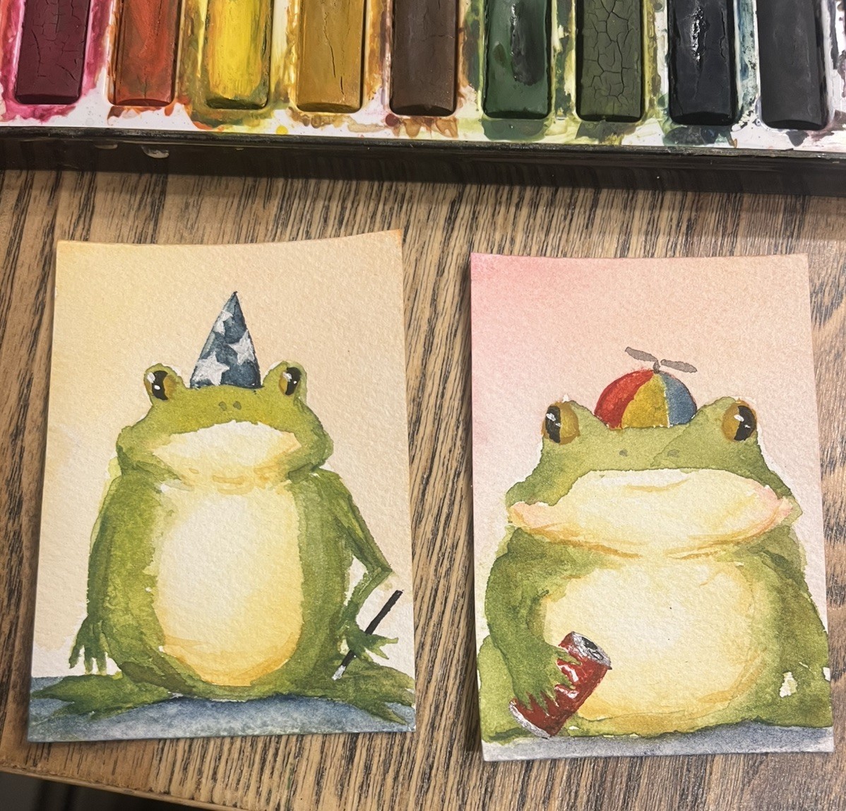 ACEO PRINT Frog whippersnapper Watercolor Painting, Hat Guys 2/2, 3.5×2.5 in