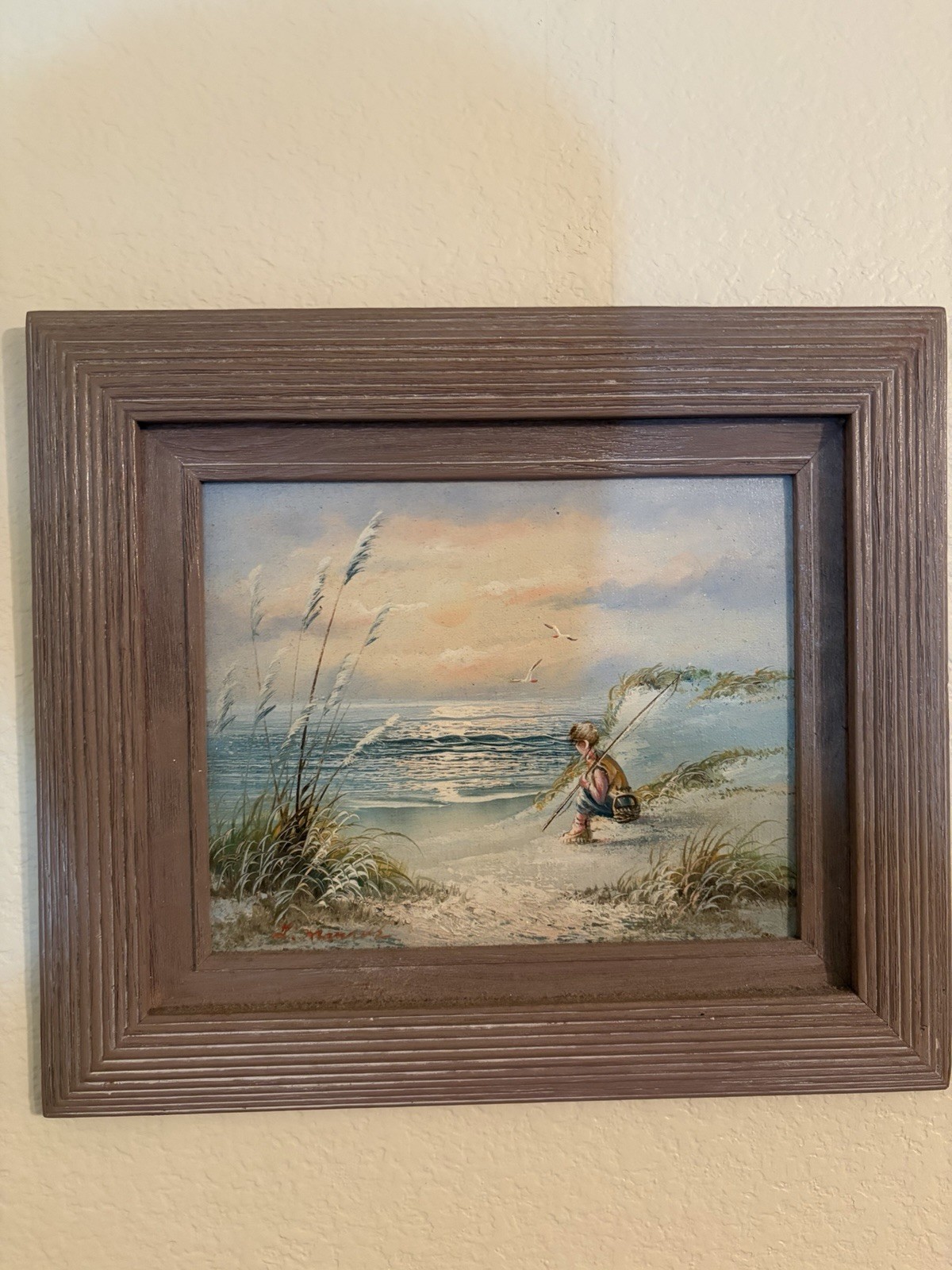L. Marcus Original Oil Painting Beach Child Fishing Sea Oats Signed Framed
