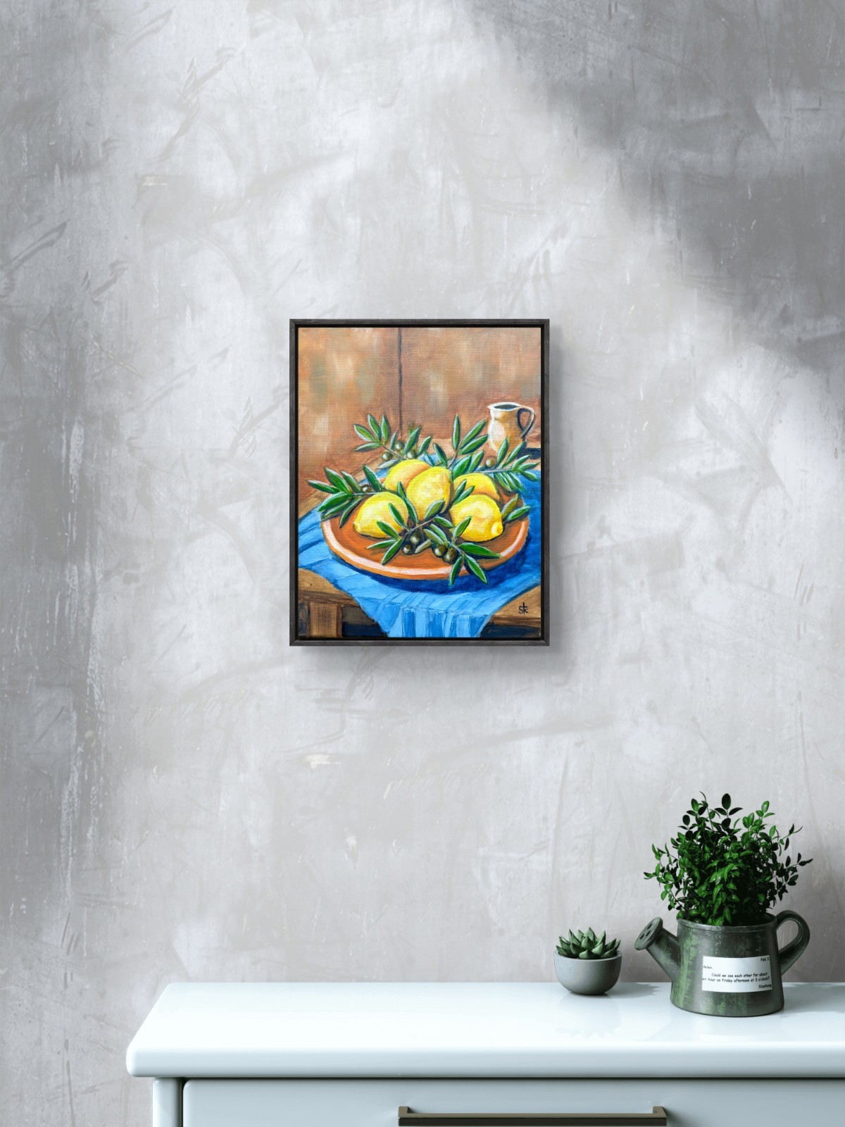 Original Contemporary 11×14 Signed Lemon Olives Acrylic Canvas Table Art