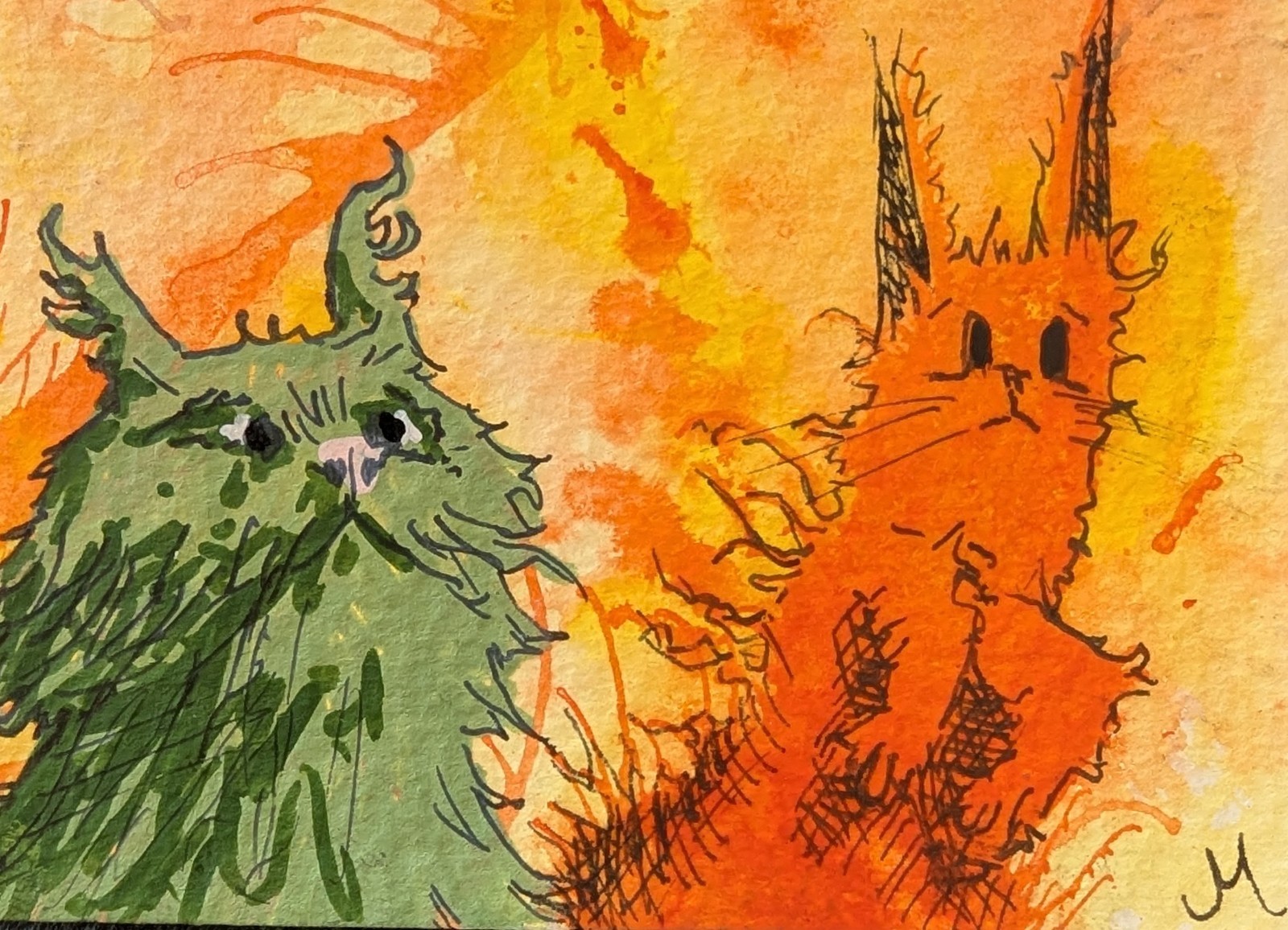ACEO Cat Painting Original Landscape Aliens Contemporary Folk Art Josh Merritt