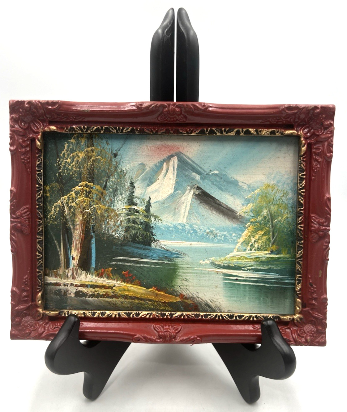 VTG Oil Acrylic Mountain Lake Scene Impasto Painting 6.25″ x 8″ Framed Art 1970s