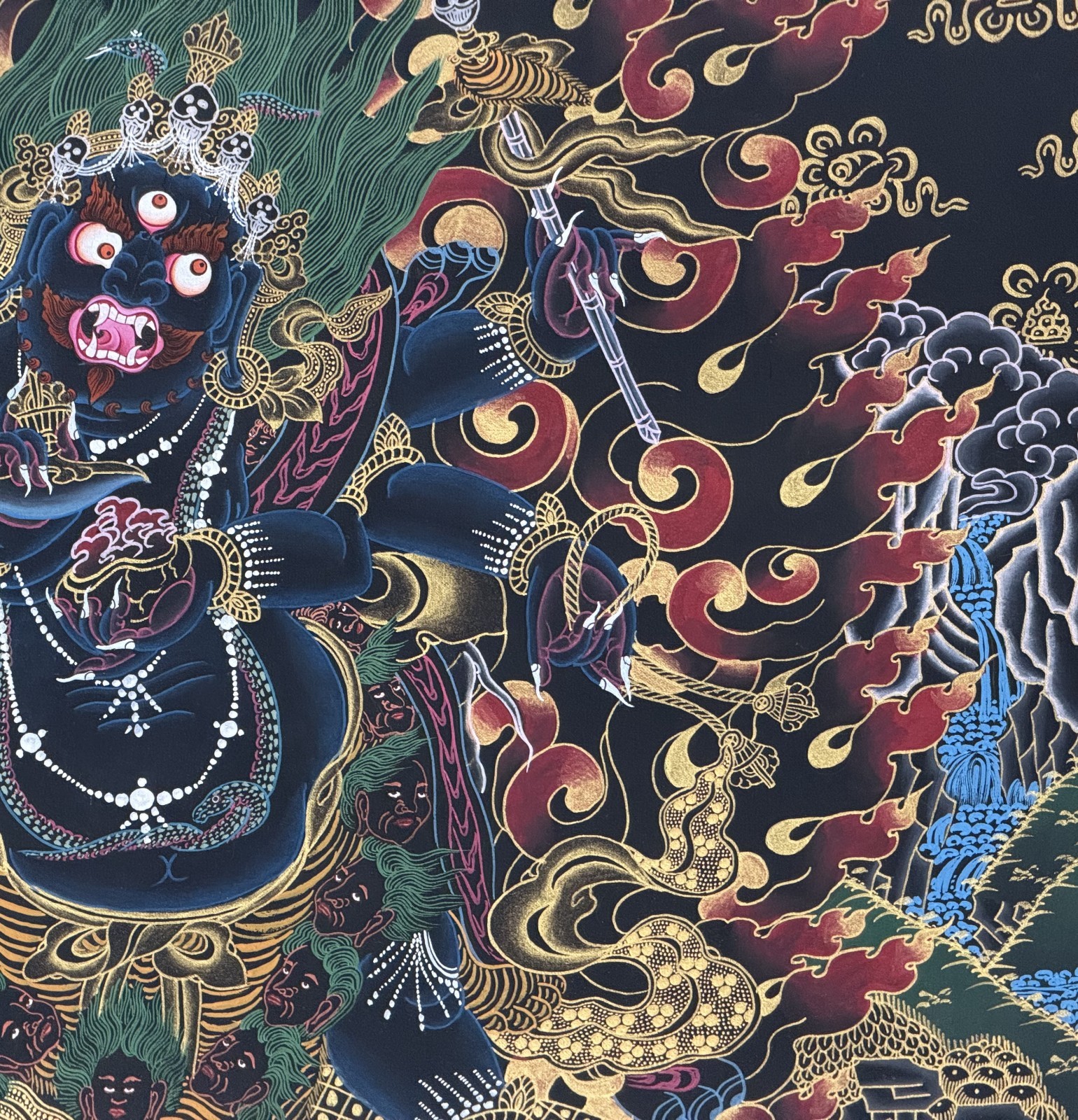 SIX ARMED MAHAKALA PROTECTOR ORIGINAL TIBETAN THANGKA PAINTING- OIL VARNISHED