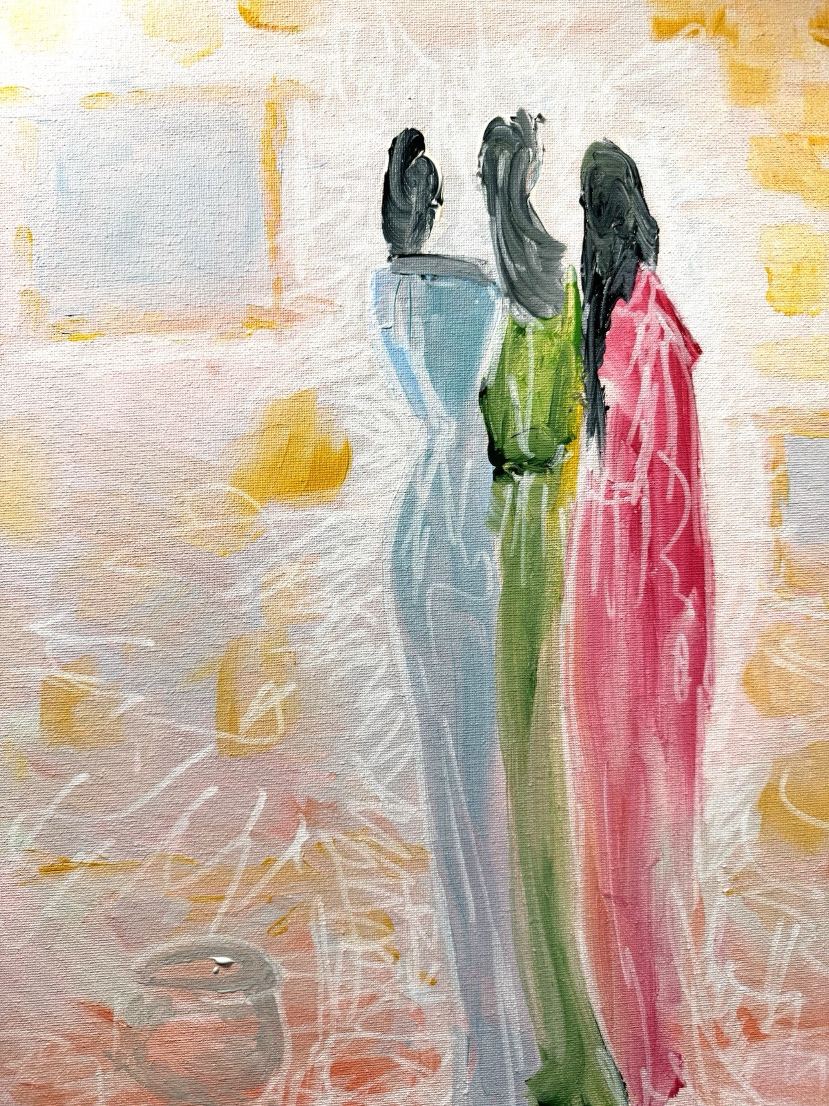 Original Abstract Expressionism 12×16 Three Women and a Vessel Handmade Signed