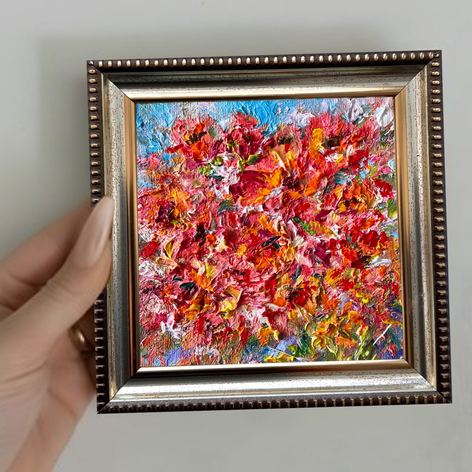 Abstract Poppies Original Oil Painting Floral Signed 4*4 Small Wall Mini Art OS