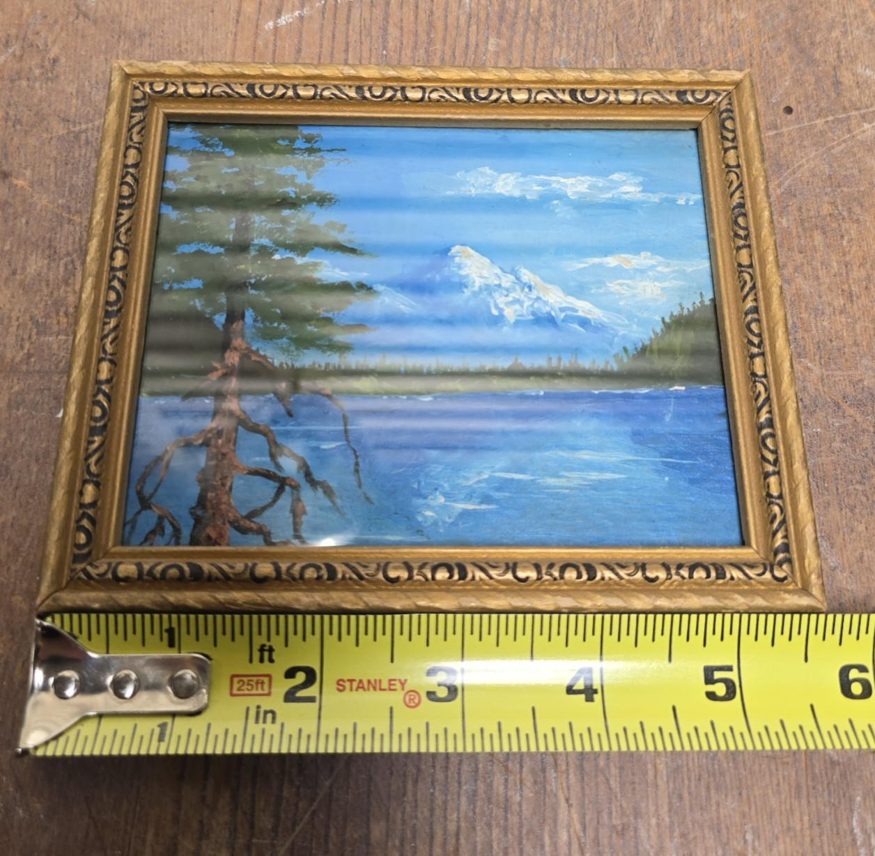 Vintage Mountain Lake Landscape Original Painting Art Deco Wood Frame 5″ x 4″