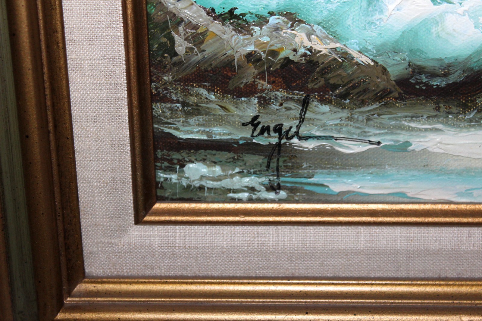 VINTAGE ENGEL SEASCAPE BEACH OCEAN WAVES OIL PAINTING CANVAS WOOD 8 X 10″ SIGNED