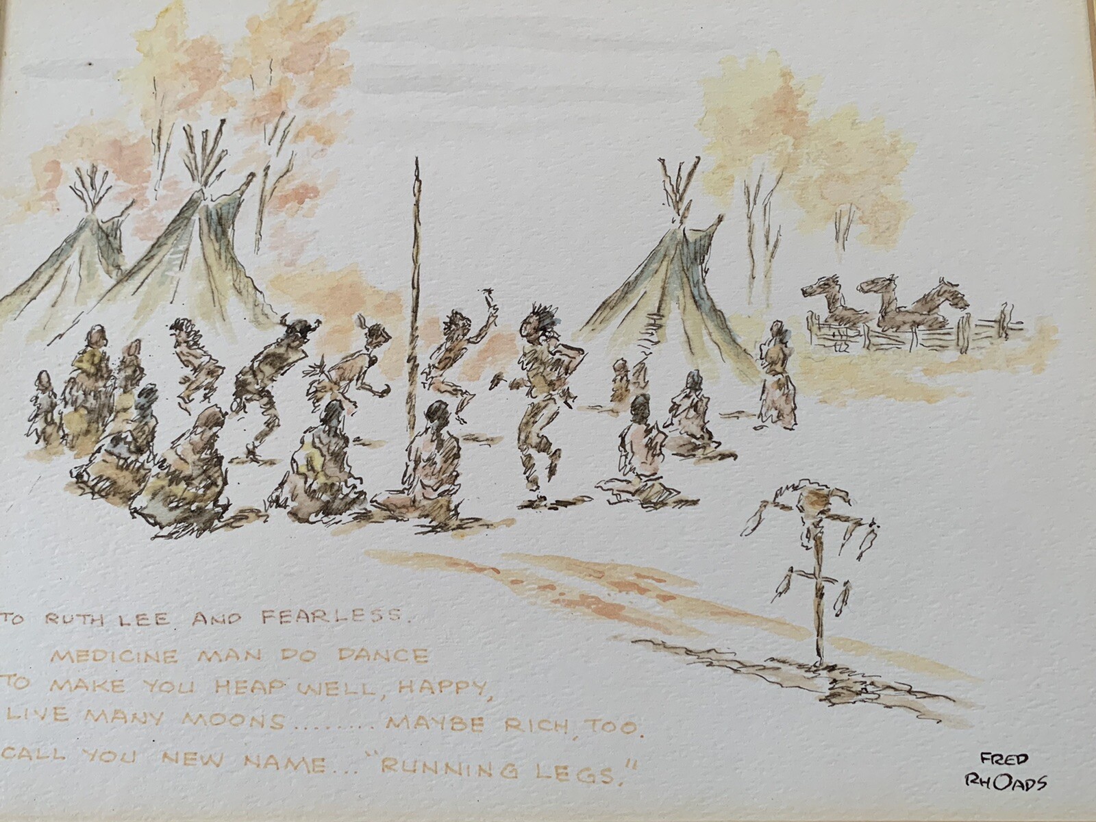Fred Rhoads Cartoon Vtg Original Personalized Signed Native American Western