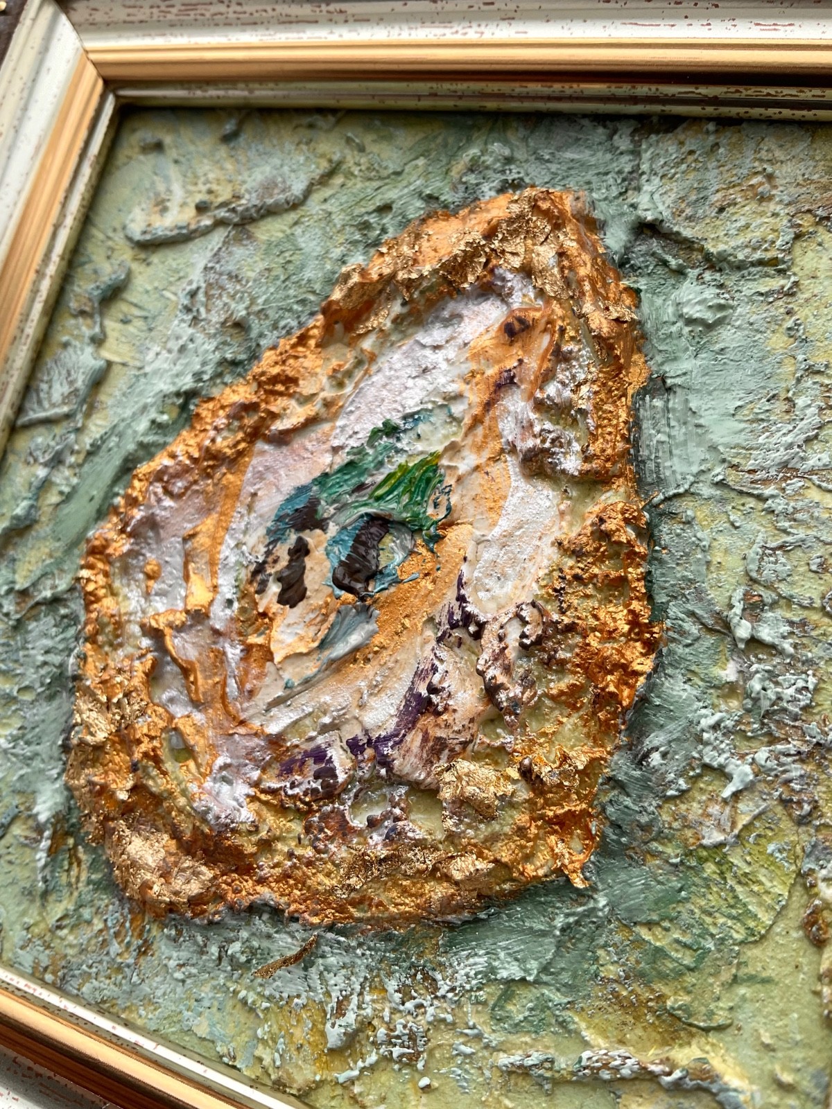 Oyster2 Shell Original Painting Mixed Media Impasto Textured Gold Leaf 4x4in OS