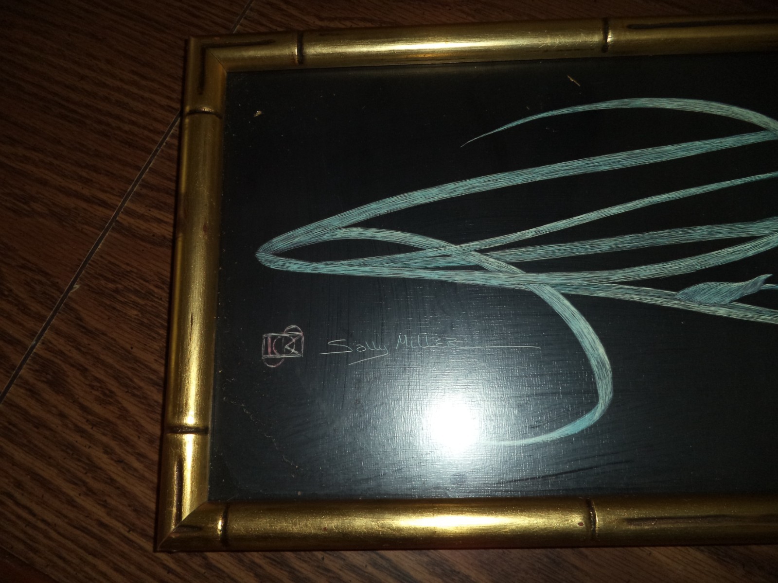 Vtg Original SALLY MILLER MAXWELL Hand Scratchboard Flower Painting 25” X 9”