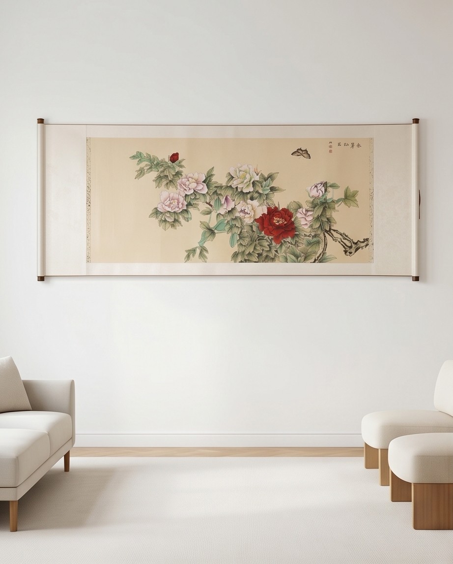 Chinese Large meticulous brushwork painting of peonies and butterfly. By LiJuan