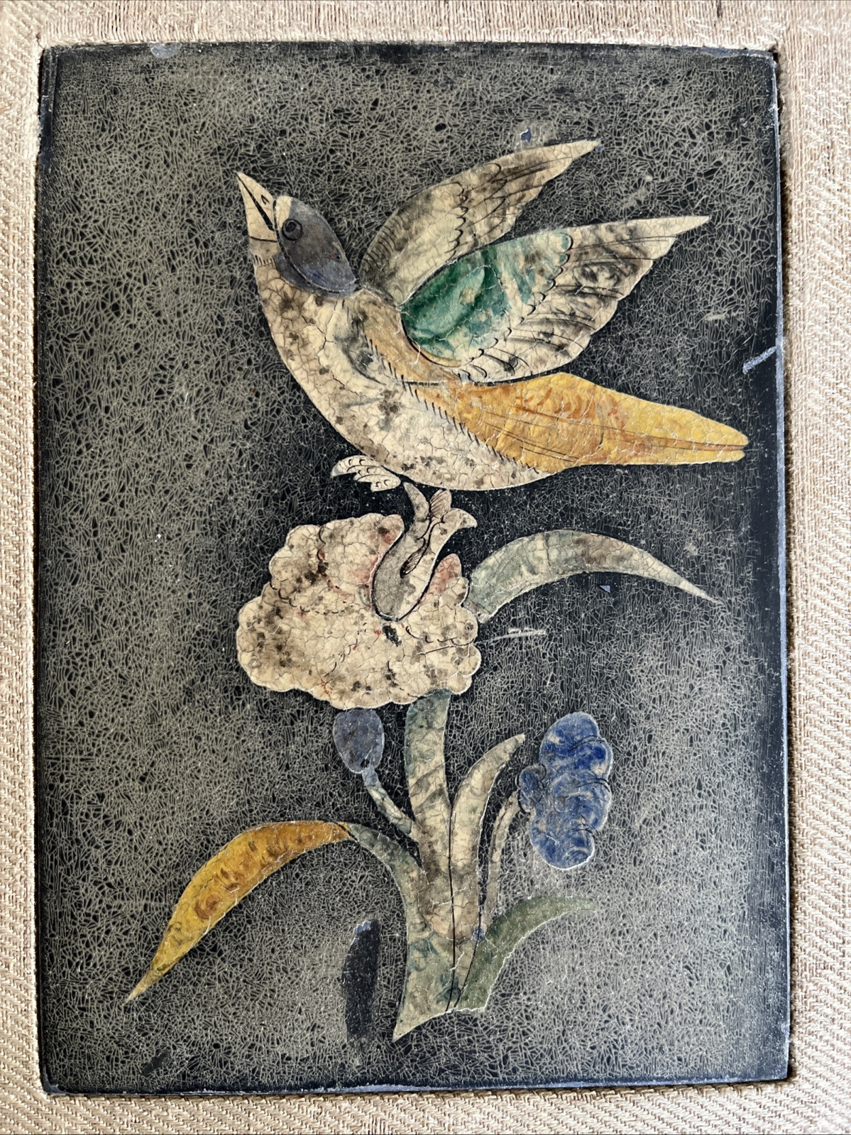 2 – Vintage 4.5” X 6” Encaustic Bird And Flower Pictures On Slate Made In Italy