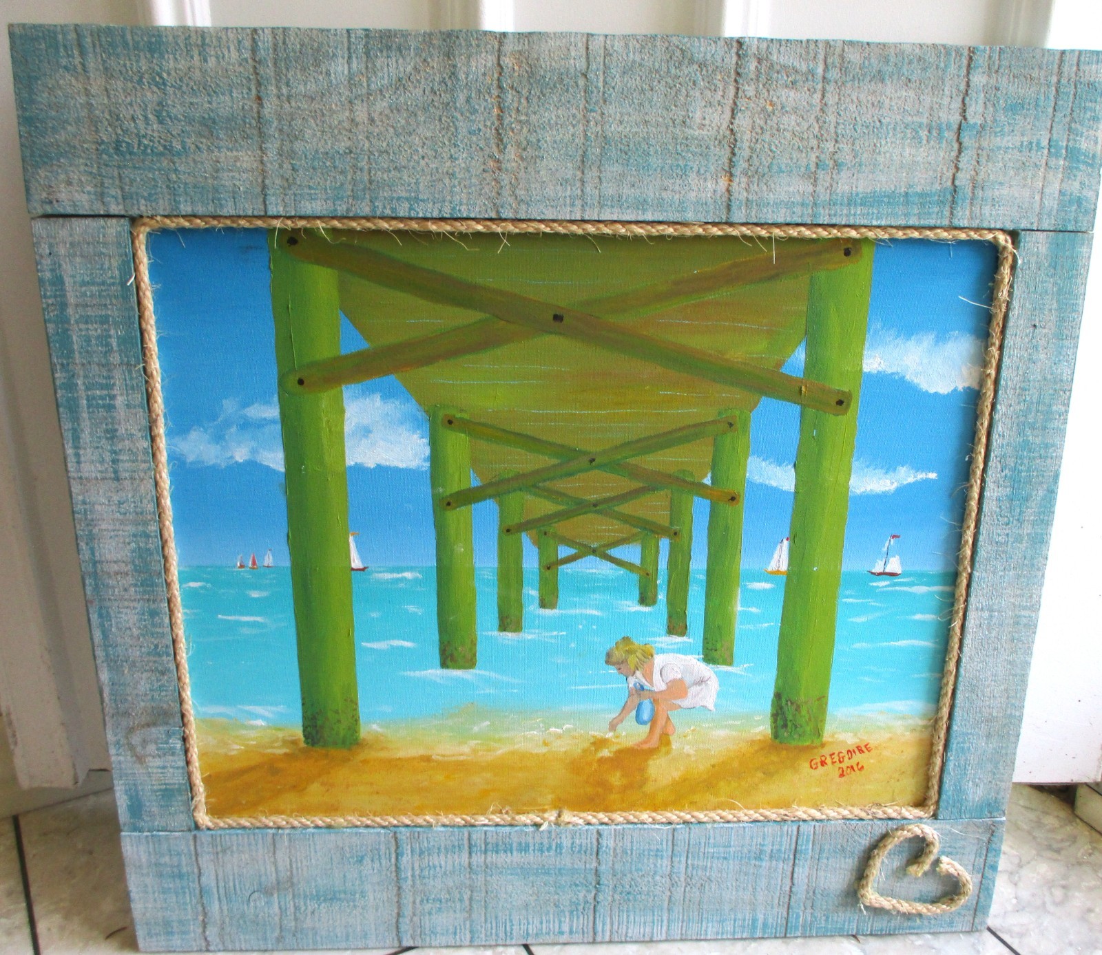 ORIGINAL GIRL ON BEACH ART COLLECTING SEA SHELLS PAINTING SGND GREGOIRE 2016