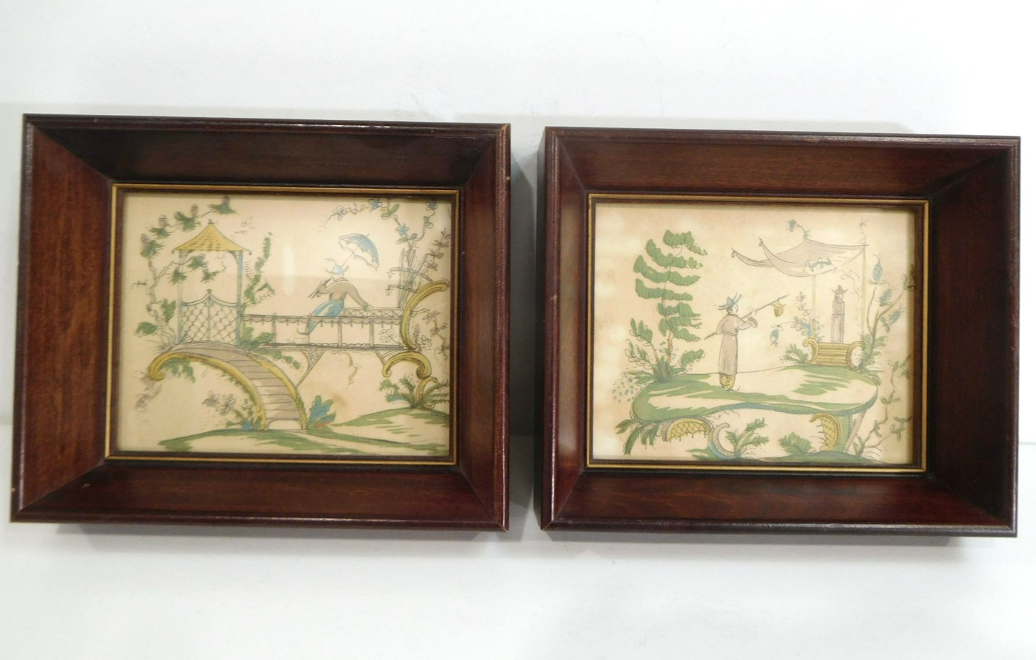 vintage PICTURE w WOODEN FRAME ~ asian artwork wall art