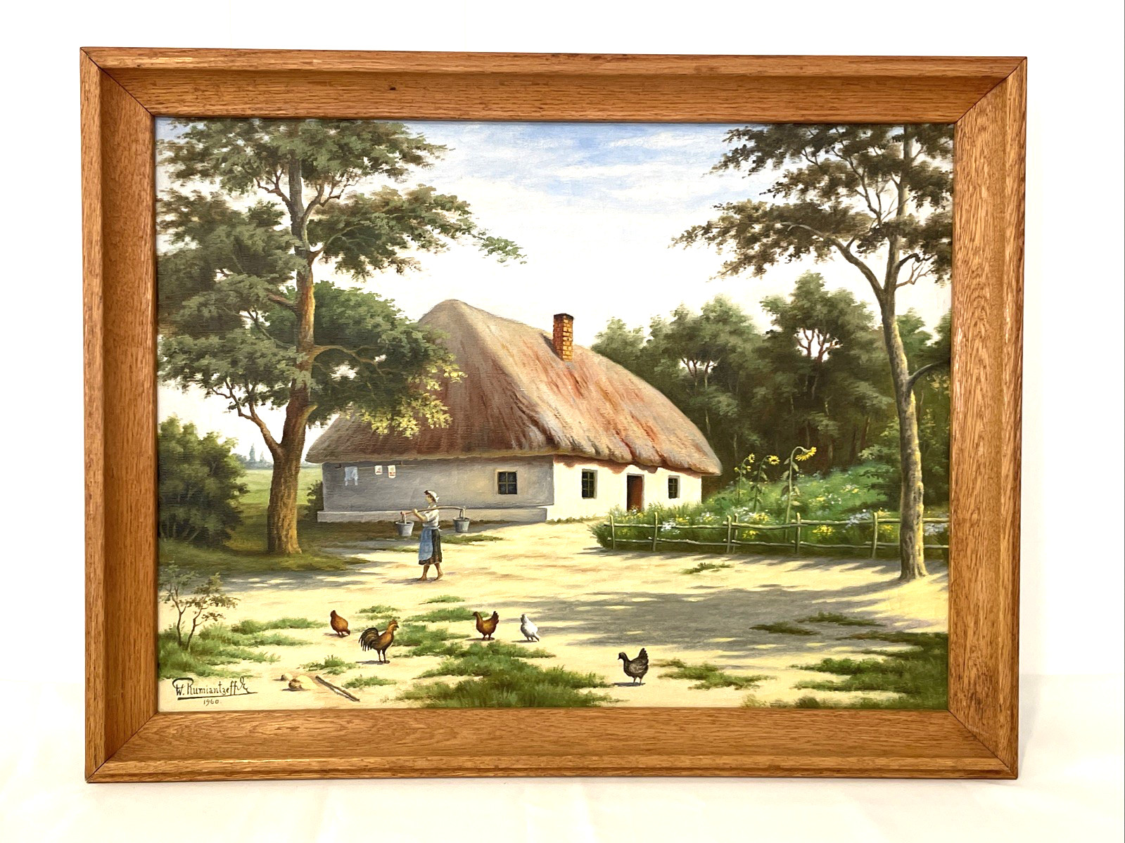 Vintage Mid Century Ukrainian Farm Landscape Painting Figural Daily Life 27×21″