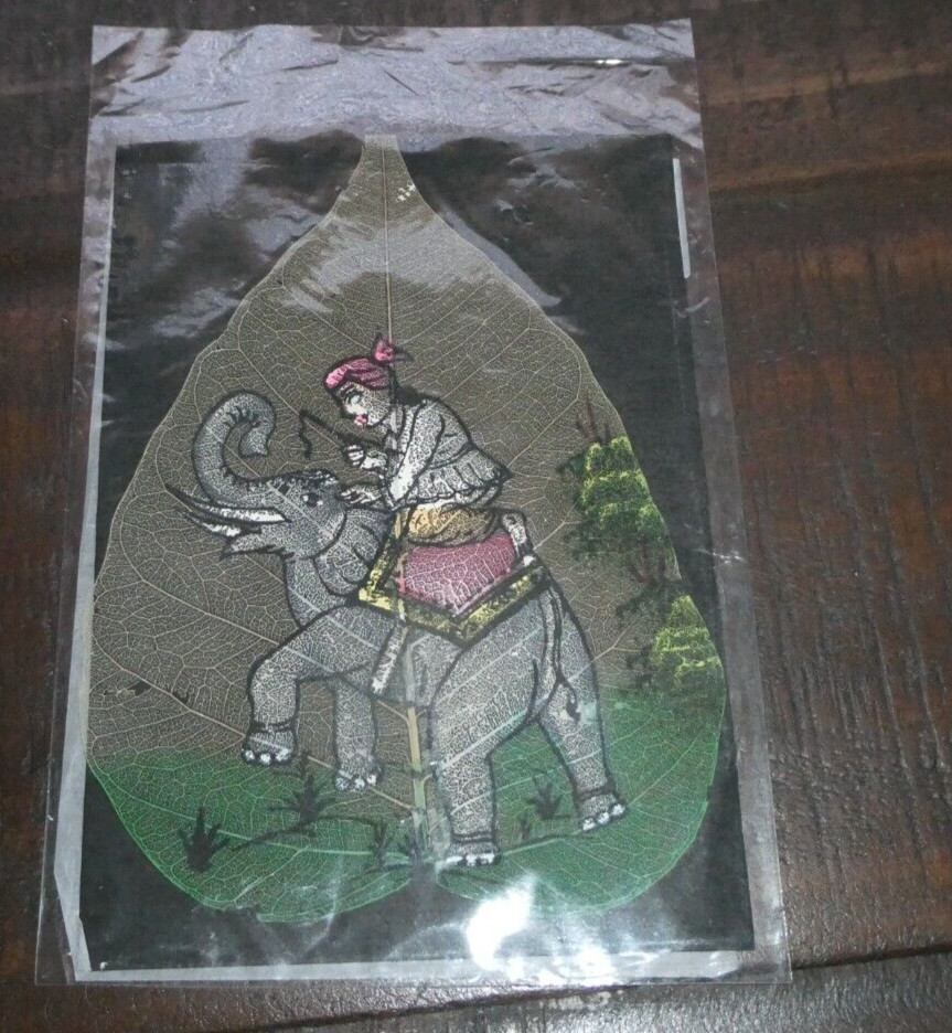Indian Man riding Elephant Figure Leaf Painting Art Handmade Decorative! Sealed!