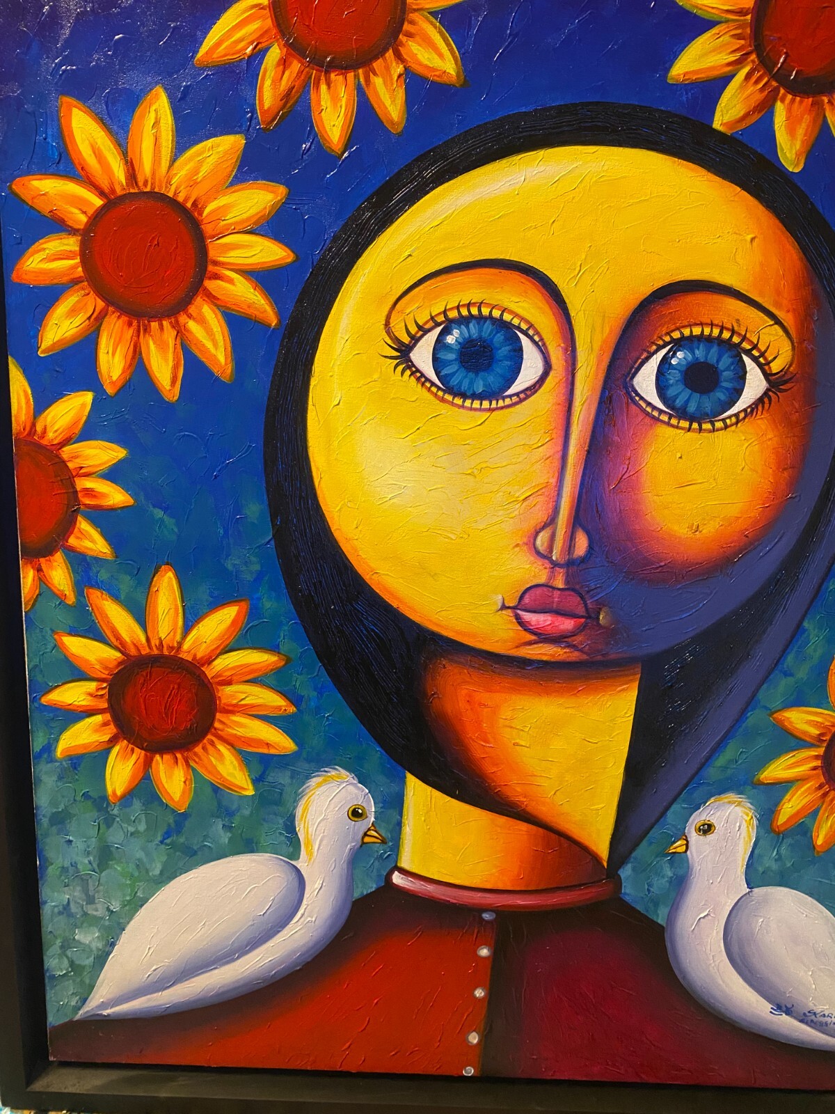 Monumental «Two Doves, Figure And Sunflowers Scene» Oil Painting – Signed/Framed