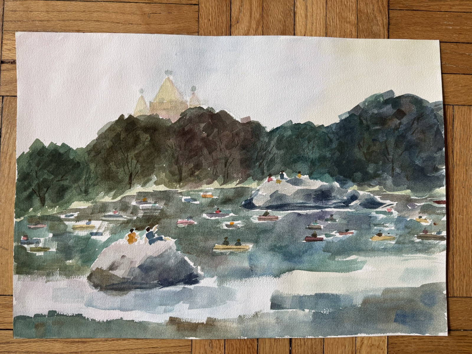 Vintage Watercolor Painting Rowers Central Park NYC Peter Feldman 14 x 20