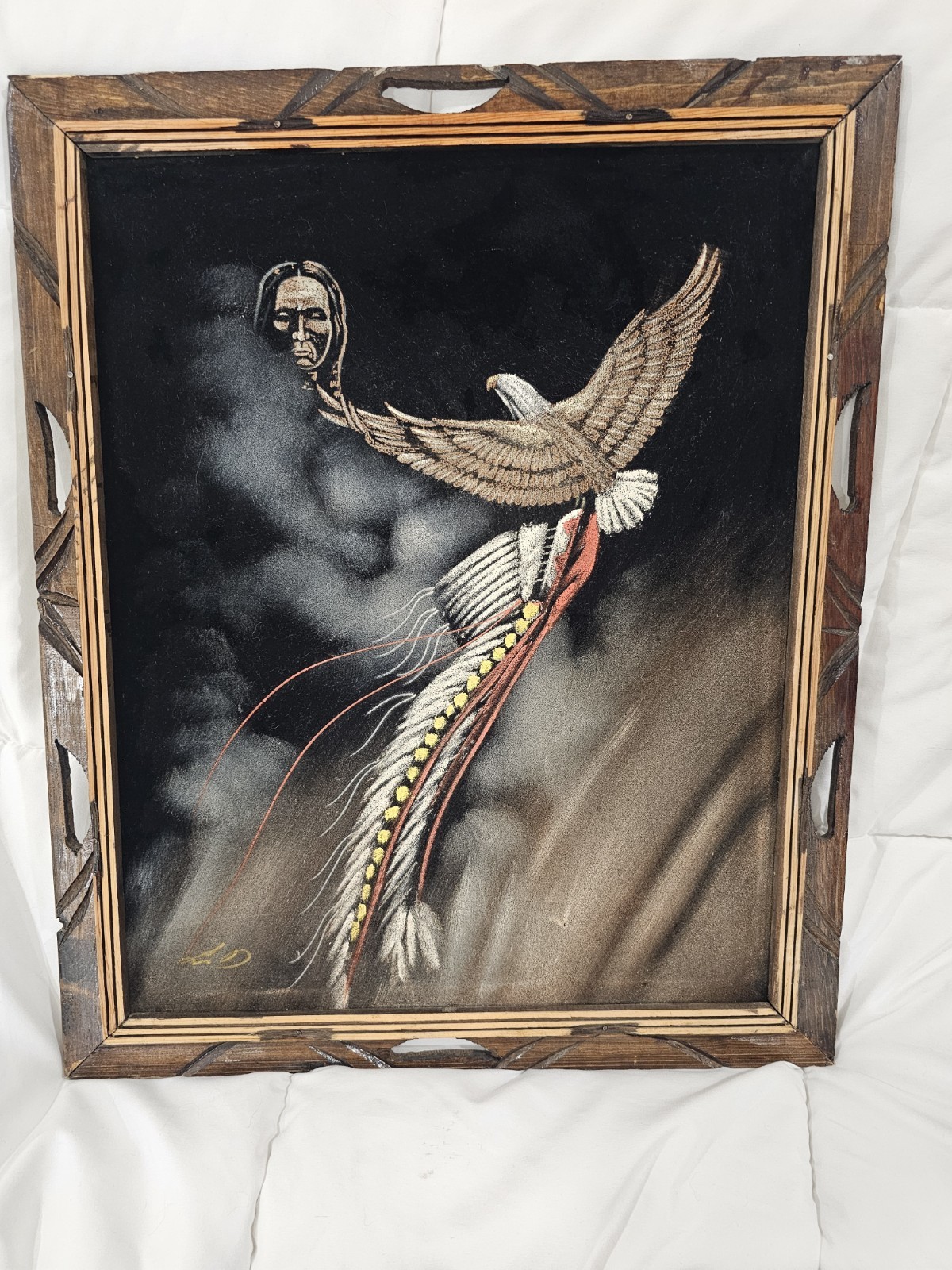 Vintage 70s Velvet Painting Native American Eagle Signed LD Carved Wood Framed