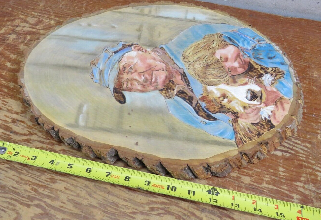Vintage Wooden Art Farmer Dog w/ Bark Carving/Burning/Painting 12.5×17 Rollins