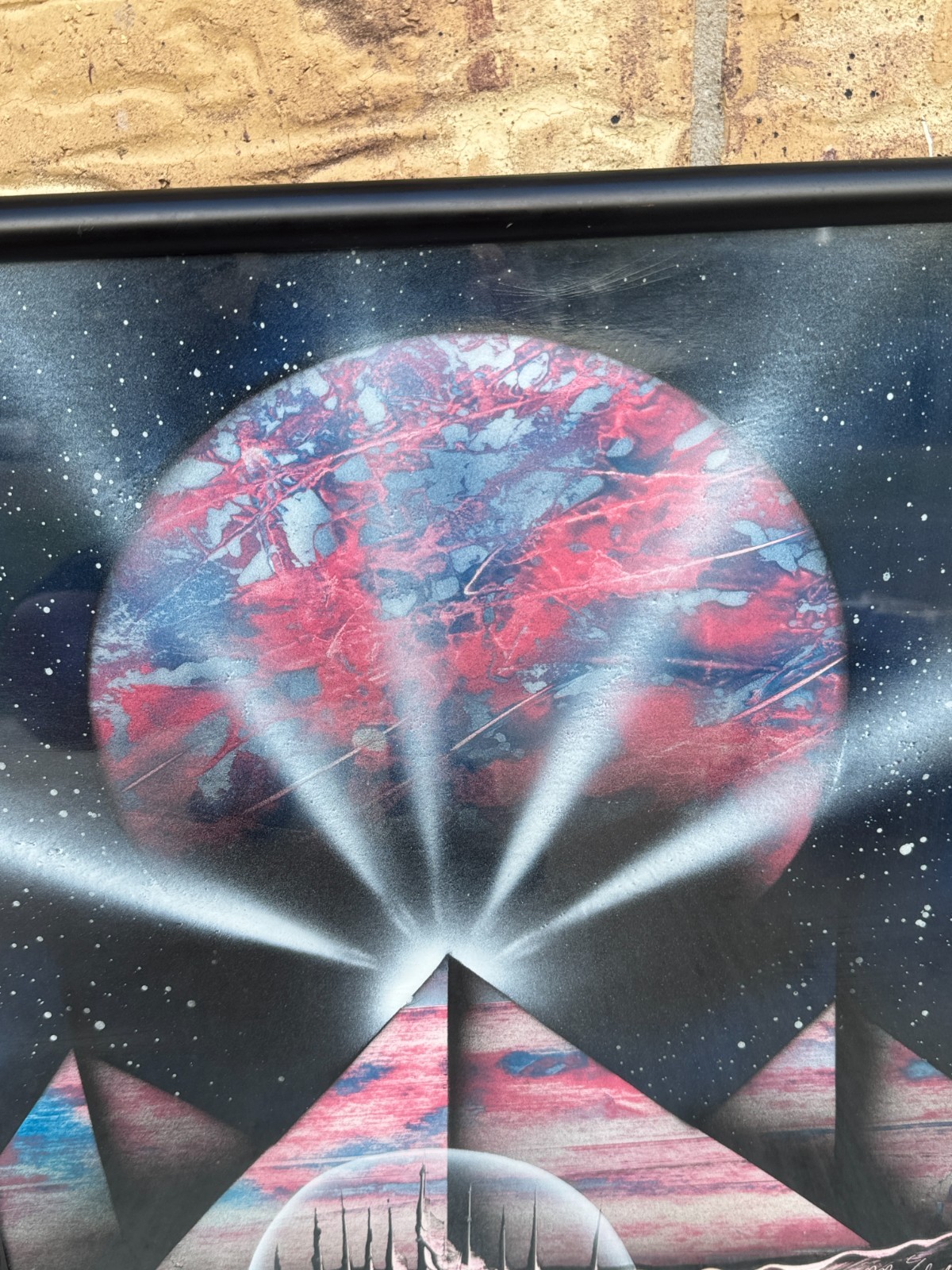 Original Spray Paint Art Painting Signed Pyramids Space like Planet Framed 16×20