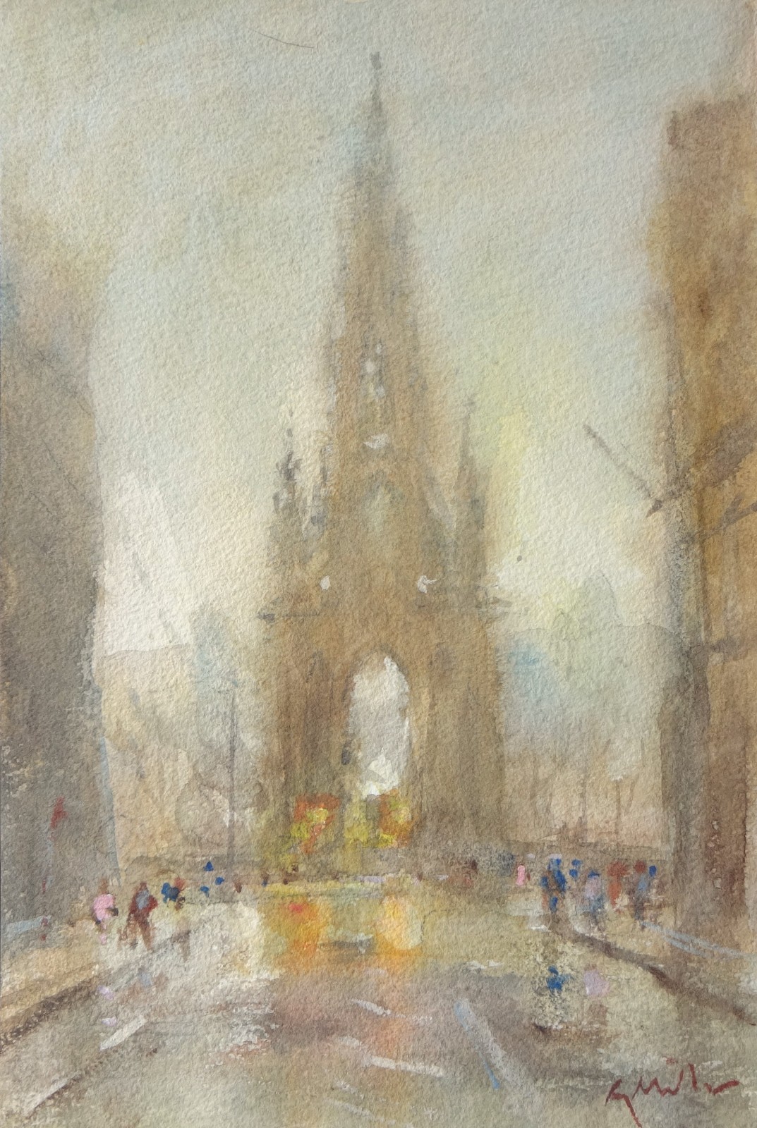 GERRY MILLER – «Scott Monument». Watercolour painting on paper. 28x19cm