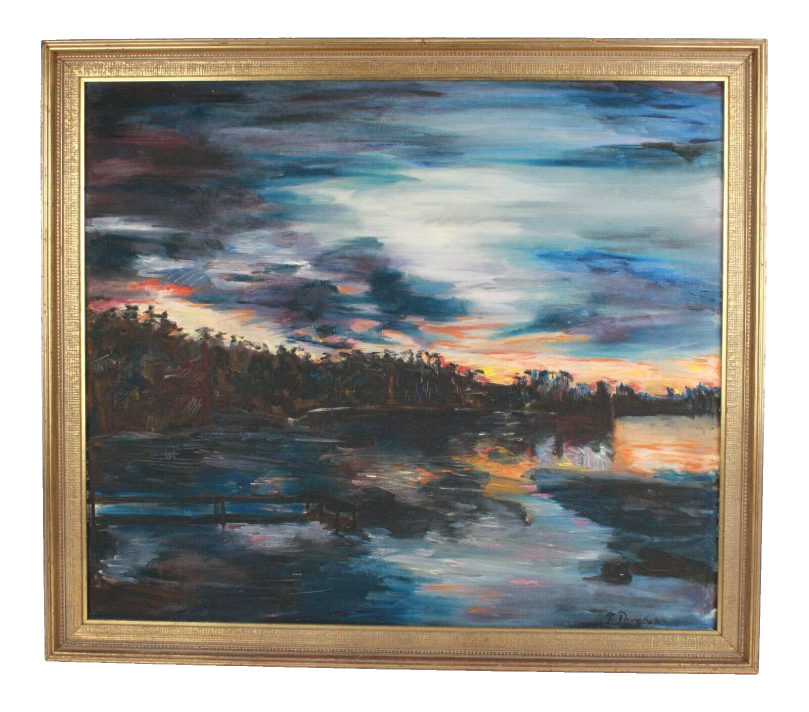 Mid Century Blue Abstract Landscape Oil Painting On Canvas Signed Illegible 66