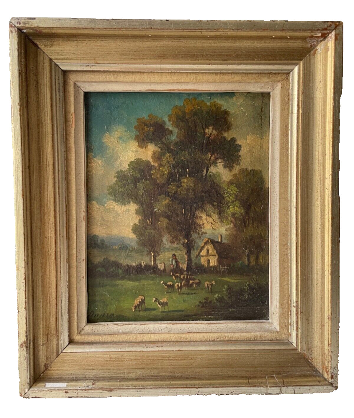 Sheeps Shepherd Landscape 19th Century BARBIZON SCHOOL signed DUPRE Oil Painting
