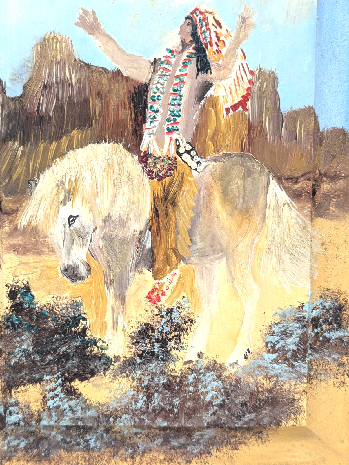 Original Hand-Painted Native Chief Oil on Vintage Cabinet Door Rustic Southwest