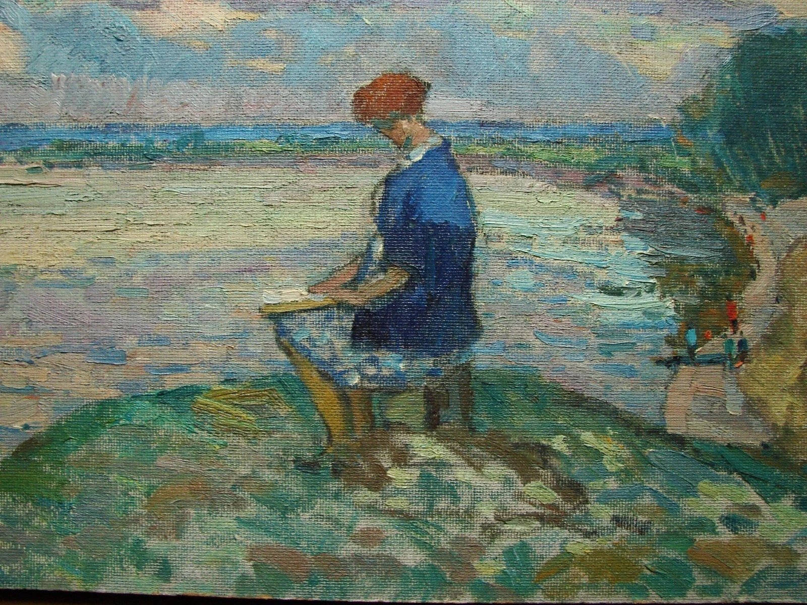 Ukrainian Soviet Oil Painting Pointillism female figure girl rest river clouds
