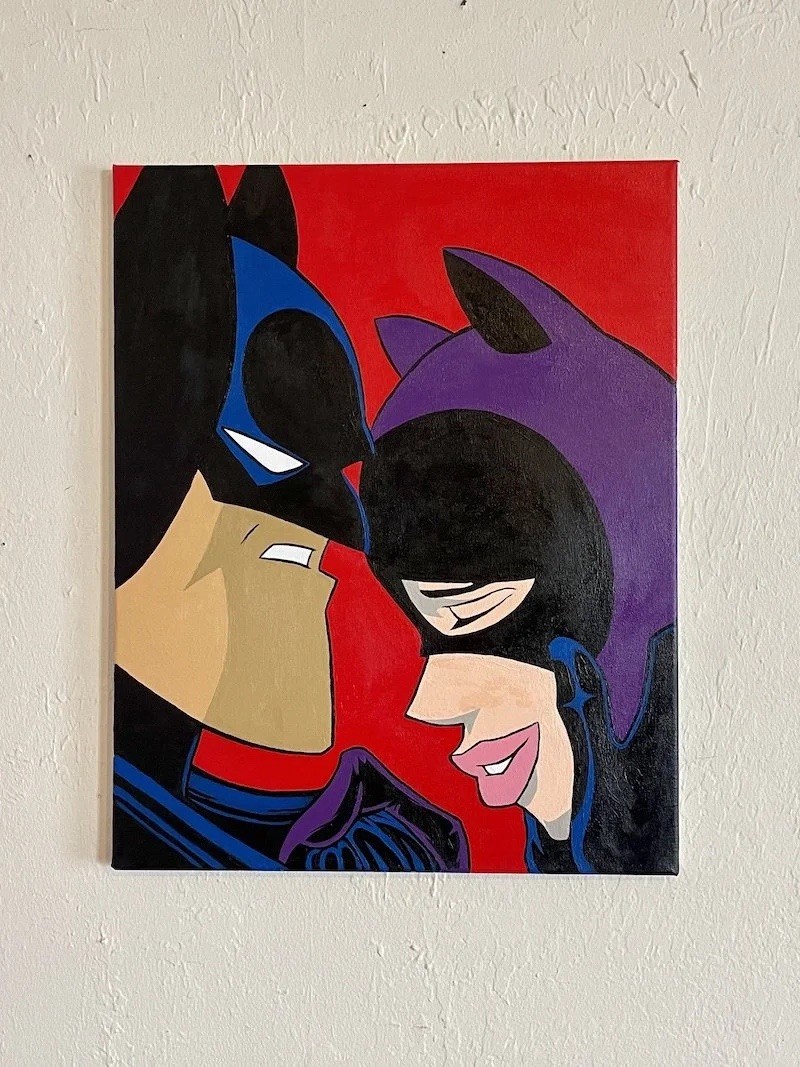 Original DC Batman & Catwoman Pop Art Painting 16×20 Gloss Canvas by SF Artist