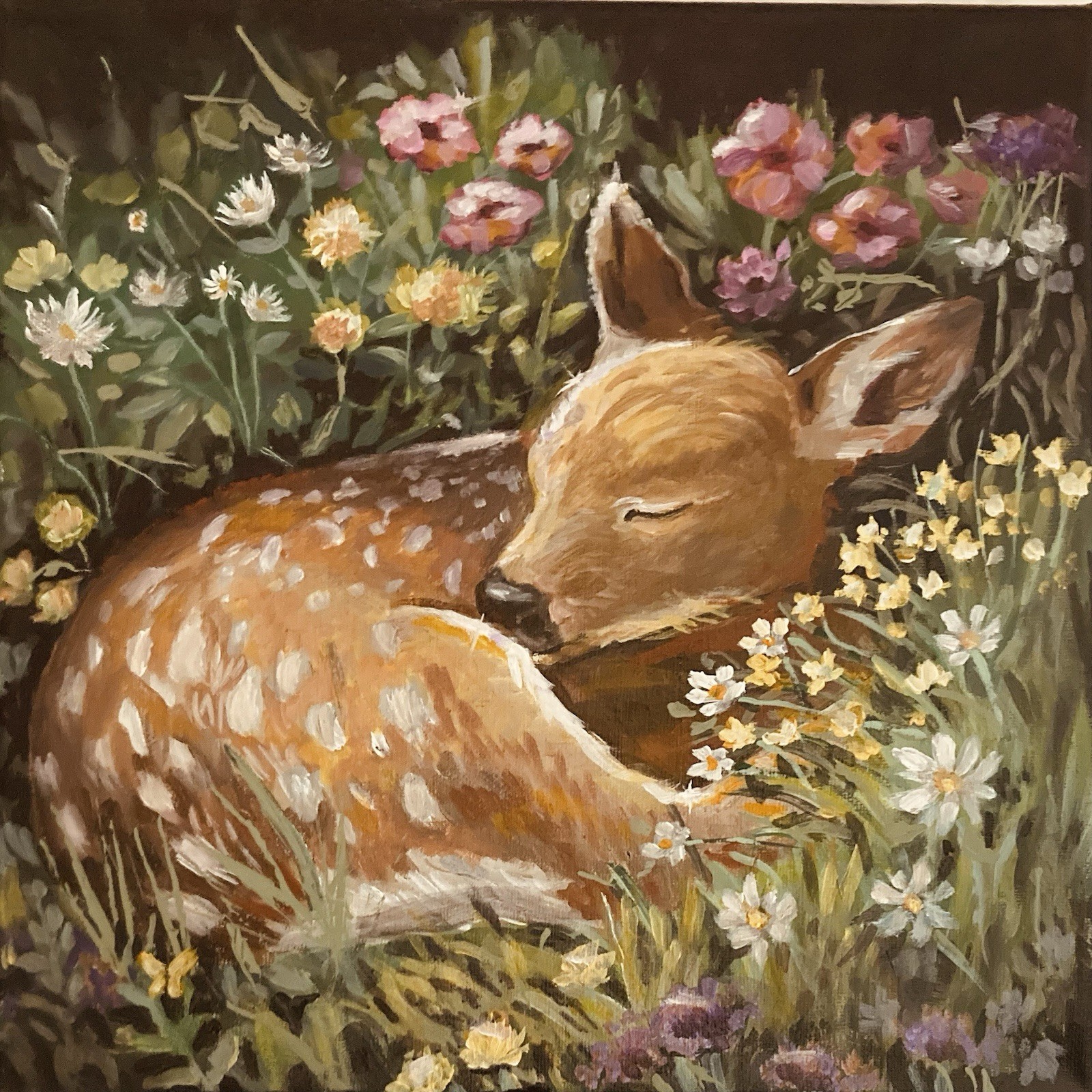 PastelCanvases Signed Original Sleeping Fawn Deer & Wildflowers Painting, 12×12