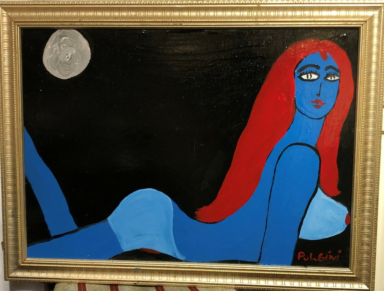 Thomas Pulgini, Listed American Artist Oil/b Abstract Blue Woman Under Moonlight
