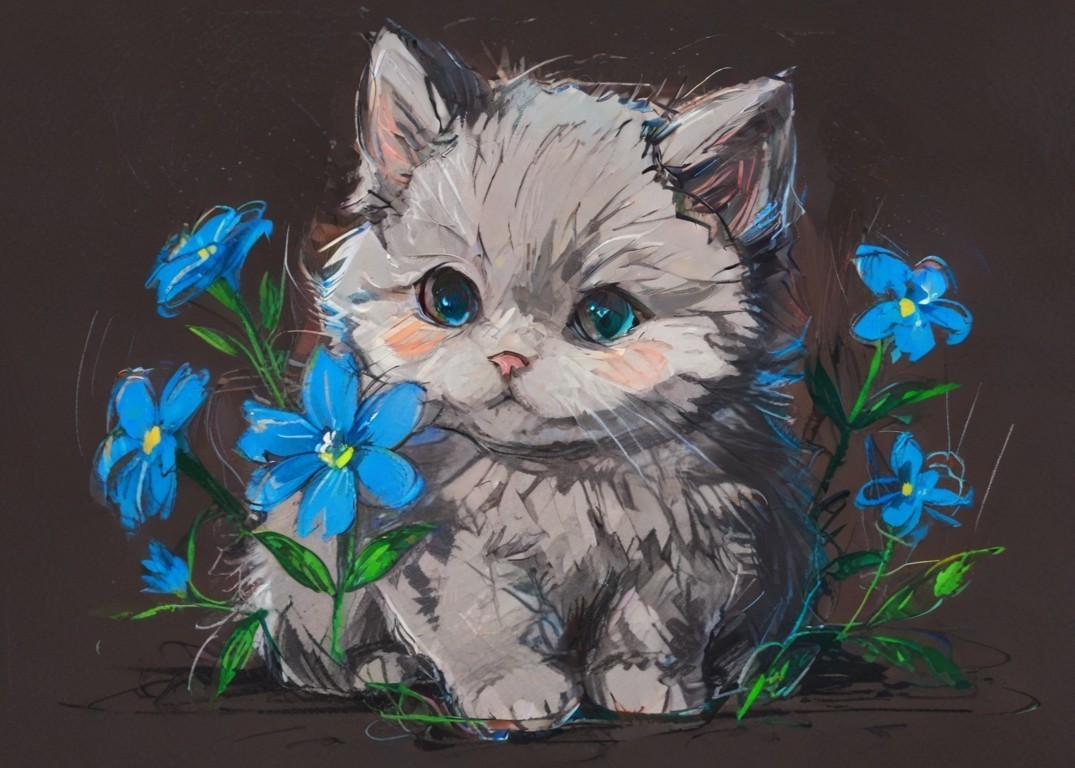ACEO Mini *Art Print* Fluffy Gray Cute Cat Baby Kitten & Blue Flowers by Saulite
