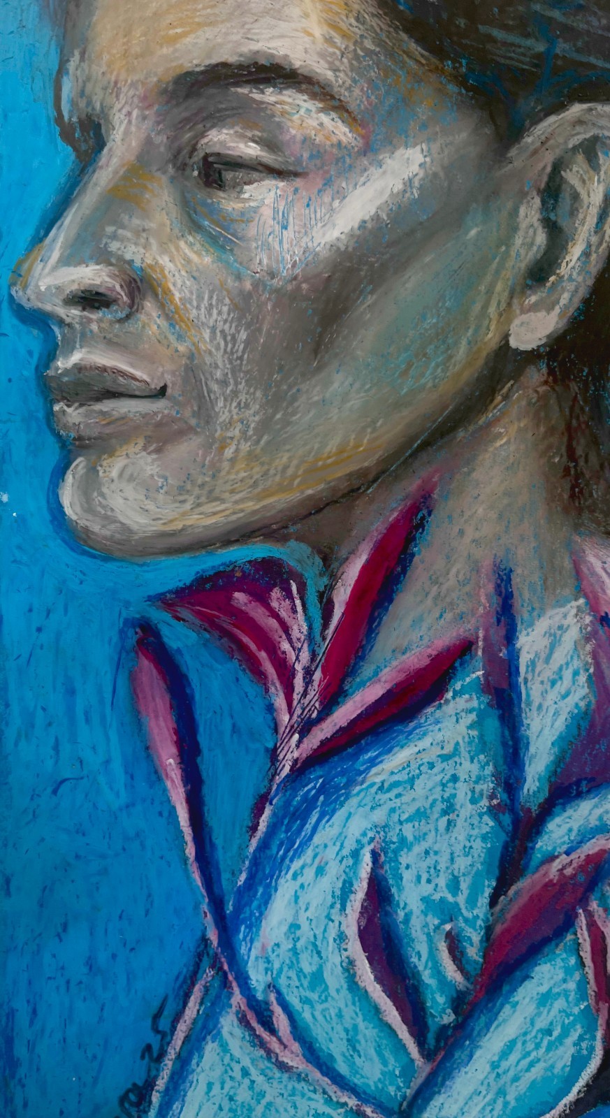 Original Oil Pastel Painting – Man with Pink Magnolia Flowers by Lena Iv