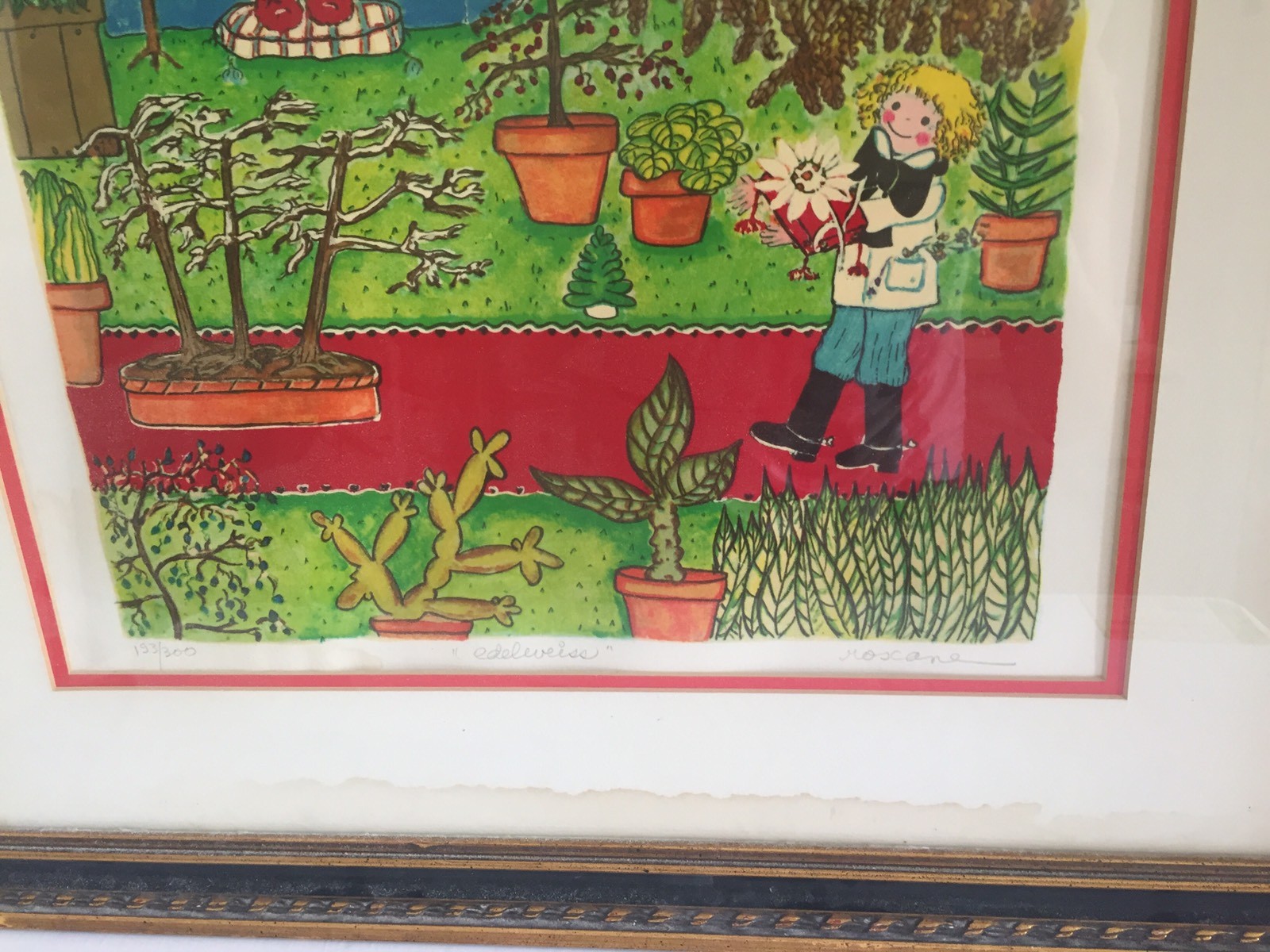 Beautiful Framed Drawing of Children In The Garden Edelweiss Signed Numbered