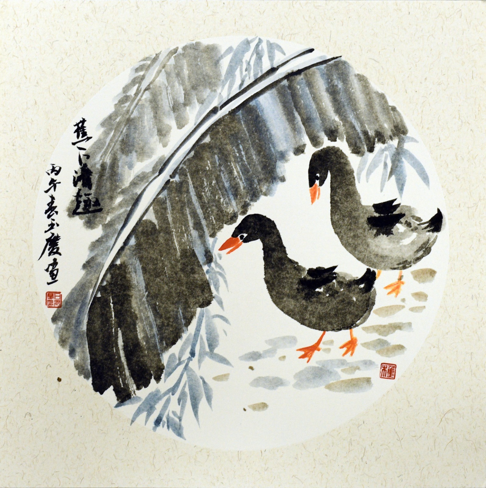 Original Chinese Ink Painting Two Ducks Under Leaves Signed by ROCK SHI