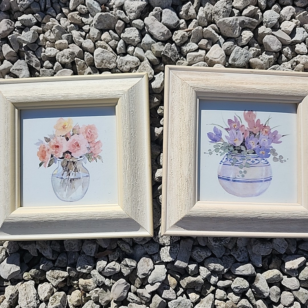 Vintage Hand Painted Miniature Pictures Floral Landscape Framed Art 7.5×7.5 Pair