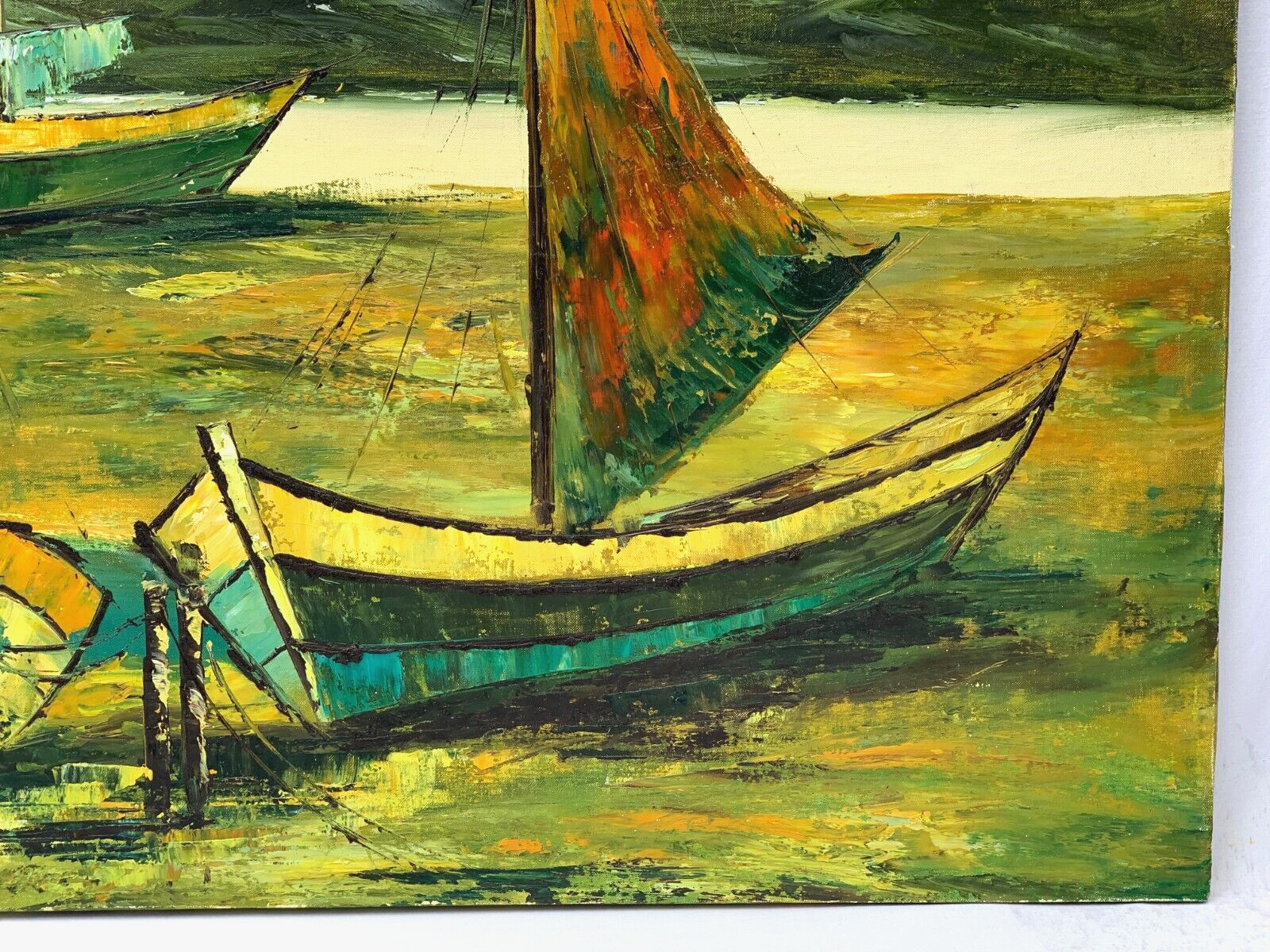 F LEE LARGE SEASCAPE OIL PAINTING SAND DOCKED FISHING BOAT PALETTE KNIFE IMPASTO