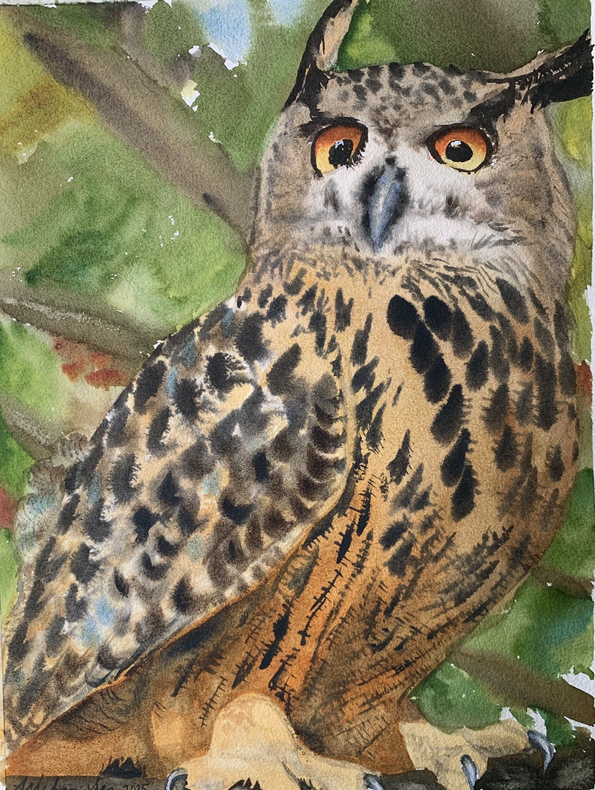 Flaco the Owl Large Scale painting 69×51” Original watercolor Eurasian Eagle Owl