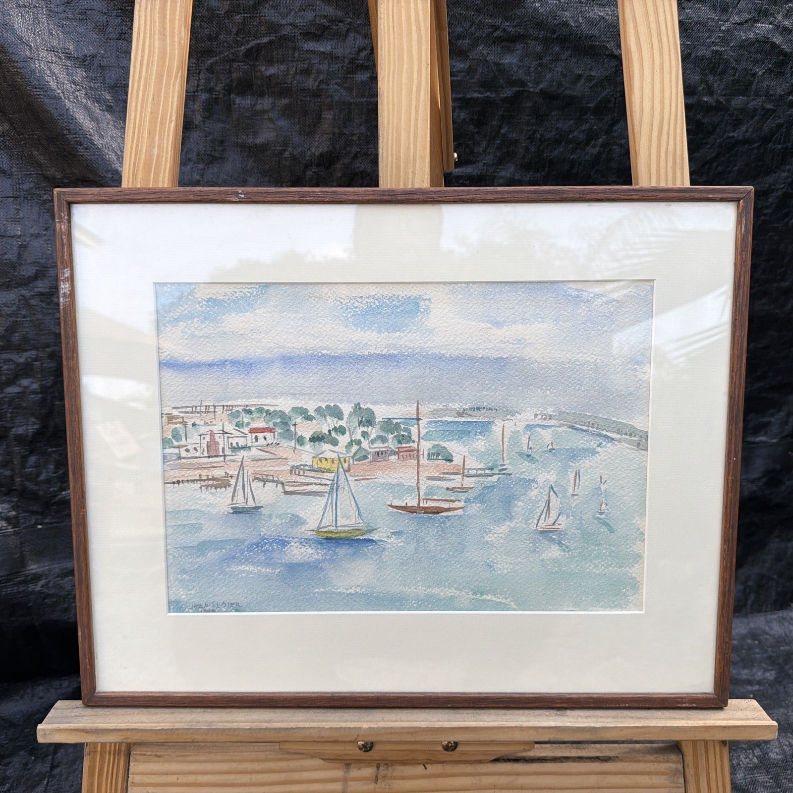 Jean Slater Sailboats Seascape Original Painting Signed 18.5”x14.5” In