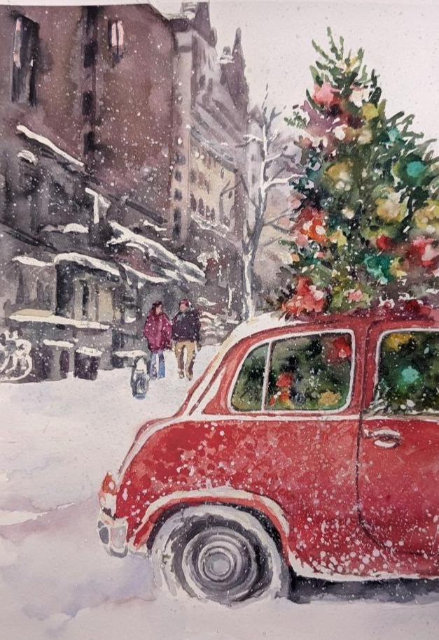 Urban Winter Christmas City Watercolor Painting Vintage Red Car Snowy Street Art