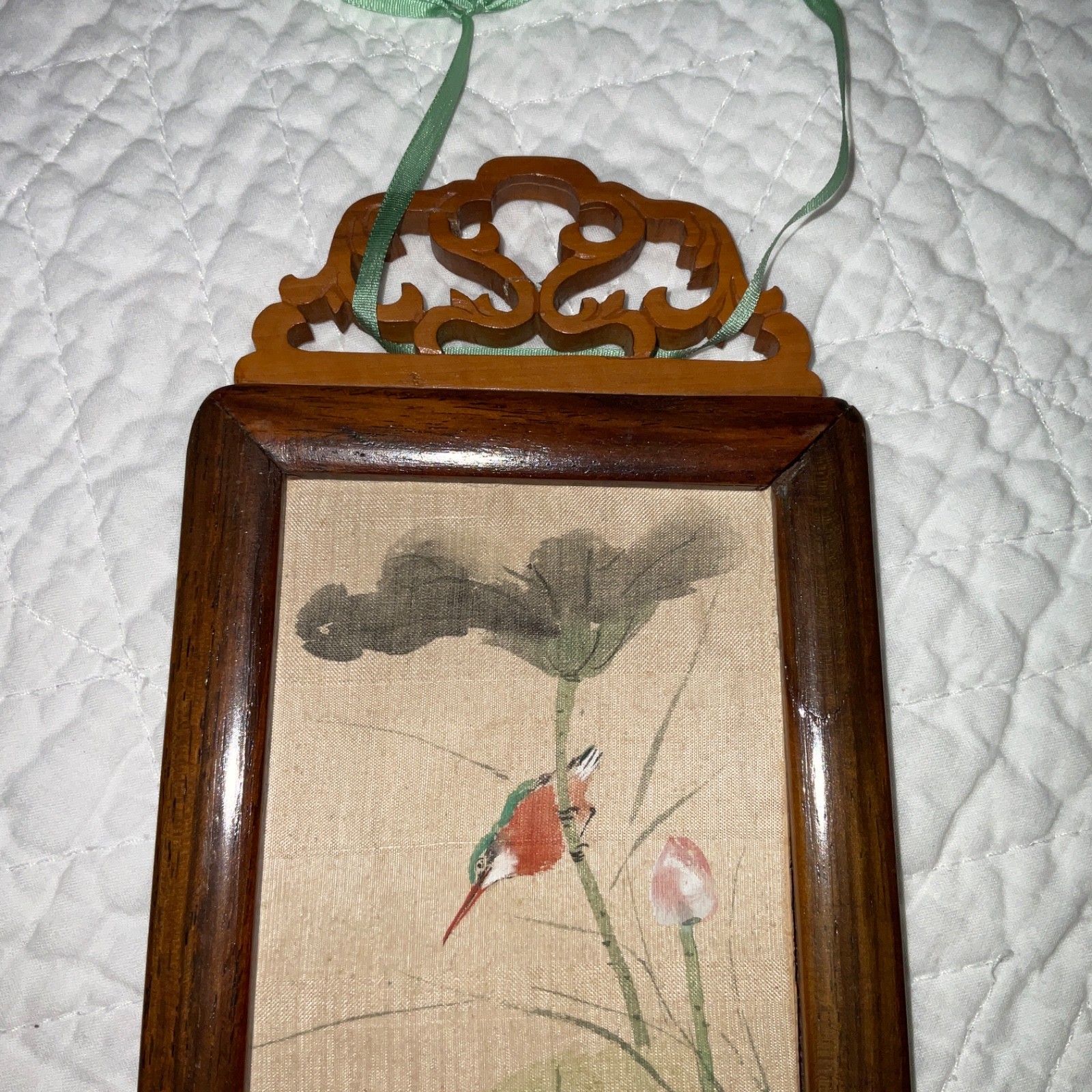 Small two sided Asian painting, original handpainted, flowers, floral birds